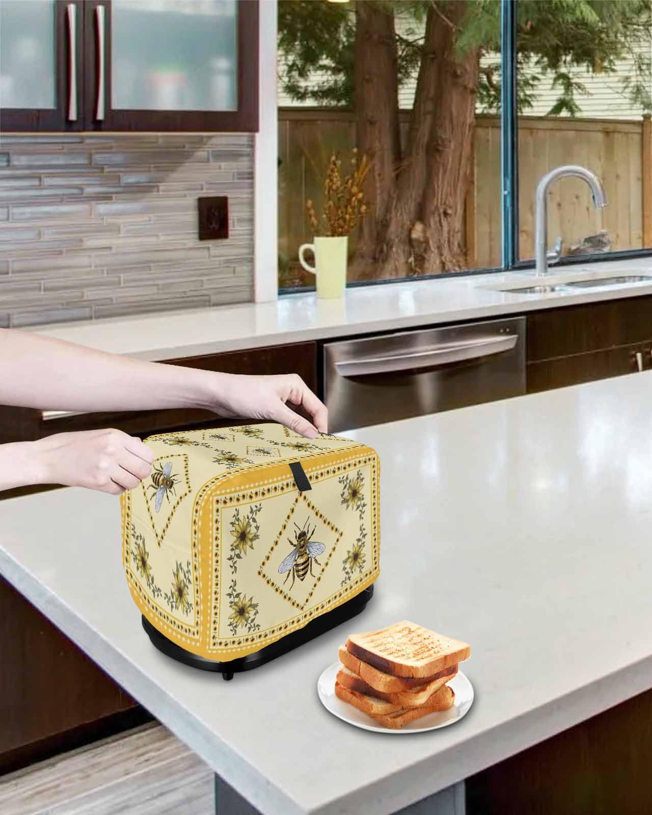 Summer Bee Toaster Cover 4 Slice, Large Kitchen Appliance Covers, Yellow Lace Farmhouse Sunflower Rustic Toaster Oven Cover with Loop, Bread Machine Cover Polyester Dust Cover Protection
