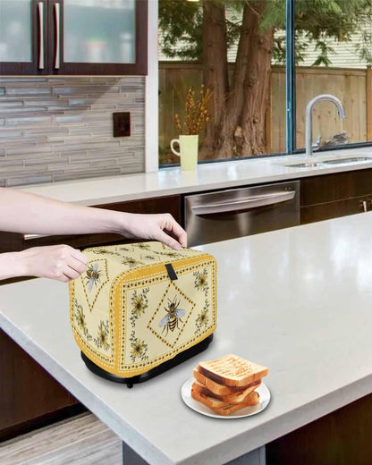 Summer Bee Toaster Cover 4 Slice, Large Kitchen Appliance Covers, Yellow Lace Farmhouse Sunflower Rustic Toaster Oven Cover with Loop, Bread Machine Cover Polyester Dust Cover Protection