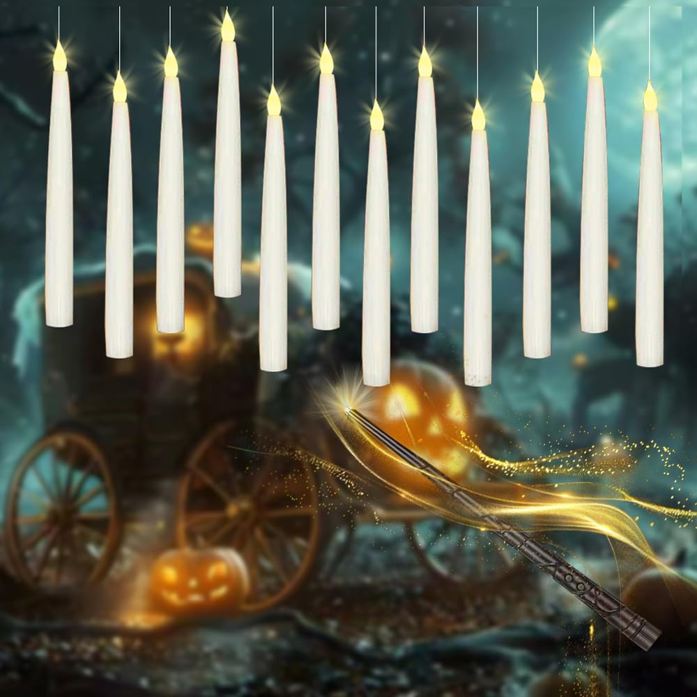 xunhuimemory 12 Pcs Floating Candles with Wand, LED Flickering Warm Light Magic Deco Candle, Flameless Taper Candles Battery Operated for Halloween Party Decor with Wand Remote Candle Wand Remote