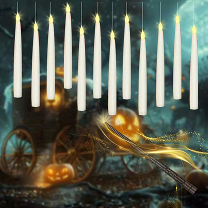 xunhuimemory 12 Pcs Floating Candles with Wand, LED Flickering Warm Light Magic Deco Candle, Flameless Taper Candles Battery Operated for Halloween Party Decor with Wand Remote Candle Wand Remote