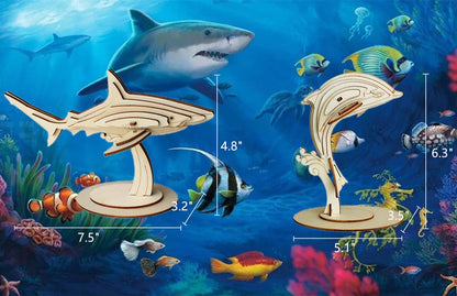 3D Wooden Sea Animal Puzzle - 6 Piece Set Wood Sea Animals Skeleton Assembly Model Kits - Wooden Crafts DIY Brain Teaser Puzzle - STEM Toys Gifts for Adults & Teens Birthday Gifts Christmas