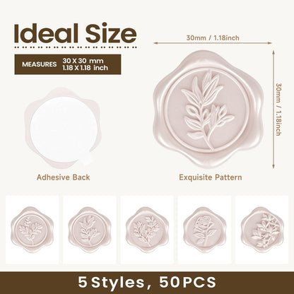 Pollize 50PCS Champagne Wax Seal Stickers 5 in 1, Wedding Envelope Seal Stickers, Self-Adhesive 3D Leaf Design Wax Seals for Invitation, Gift Wrapping, Graduation Party (Leaf Styles)