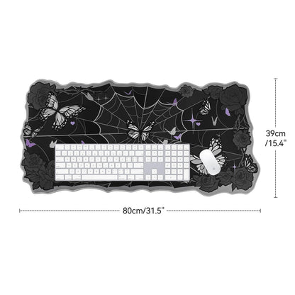 BelugaDesign Butterfly Desk Pad | Rose Spider Web Kawaii Cute Keyboard Gaming PC Laptop Mat | Large Spooky Halloween Witch Gothic Mousepad | Rubber Non-Slip Machine Washable Desk Blotter Protector