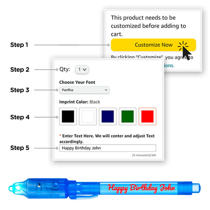 Personalized Invisible Disappearing Ink Pen Marker, Custom Secret Spy Message Writer with UV Light, Fun Activity Entertainment for Kid Party Favors Ideas Gifts and Stock Stuffers, 24 Pack, Blue