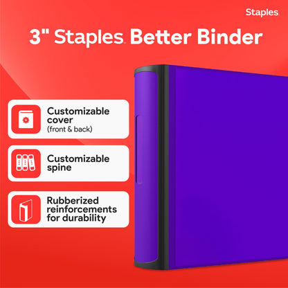 Staples Better 3-Inch D-Ring Binder, Purple – Heavy-Duty 3-Ring Binder for School & Office Storage
