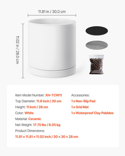 VEVOR Plant Pot, 12-Inch Ceramic Pots for Plants with Drainage Holes, Non-Slip Pads & Detachable Saucer, Modern Ceramic Flower Pots, Indoor and Outdoor Tree Planter Pot, Home & Office