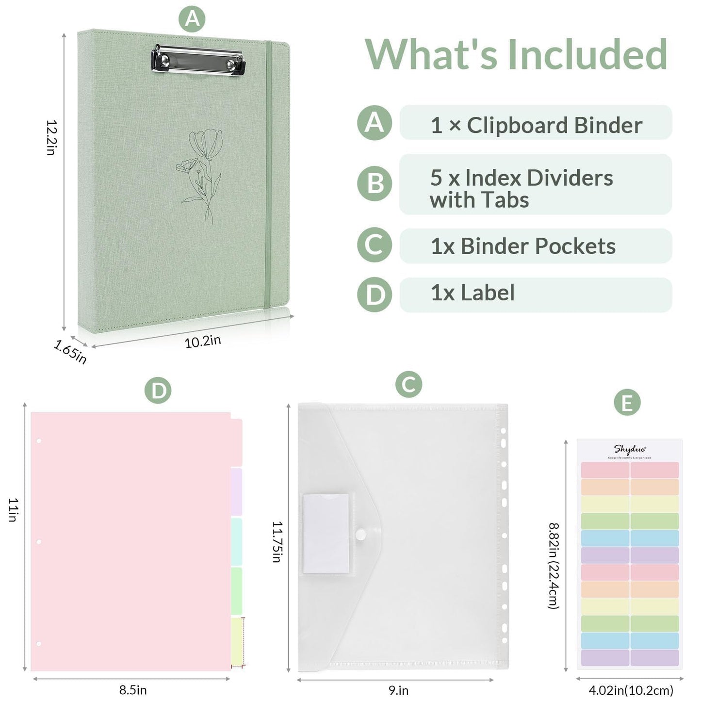 SKYDUE Clipboard Binder with Dividers,1 Inch Linen 3 Ring Binder with Clipboard on Front for Organizer, Clipboard Folder with Pocket, Labels Office Supplies OliveGreen