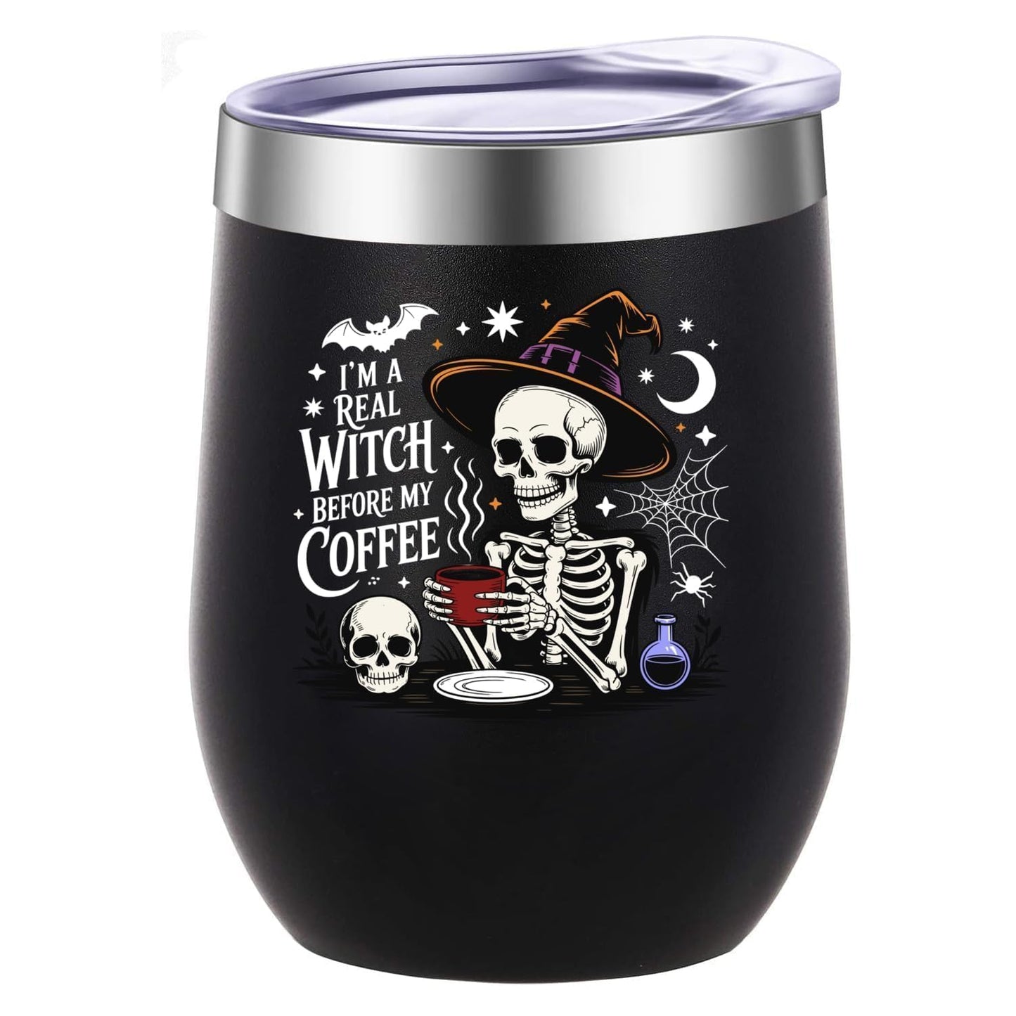 ATHAND Halloween Witch Wine Tumbler,12 Oz Insulated Stainless Steel Iced Coffee Tumbler with Lid,Funny Travel Coffee Mug Cup,Halloween Gothic Witchy Gift for Women Girls(Black)