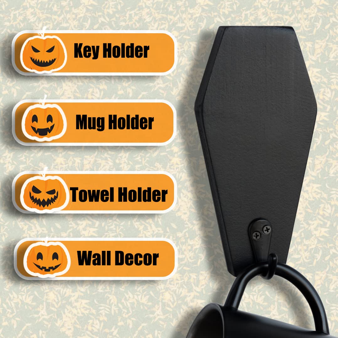 LITTLE IRIS IRISVITA Coffin Key Holder (Set of 2) - Spooky Gothic Decor for Wall, Rustic Black Hanging Wooden Hooks for Keys, Mugs - 5.5 Inches Tall by 2.75 Inches Wide (Small)