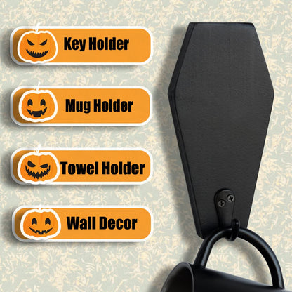 LITTLE IRIS IRISVITA Coffin Key Holder (Set of 2) - Spooky Gothic Decor for Wall, Rustic Black Hanging Wooden Hooks for Keys, Mugs - 5.5 Inches Tall by 2.75 Inches Wide (Small)