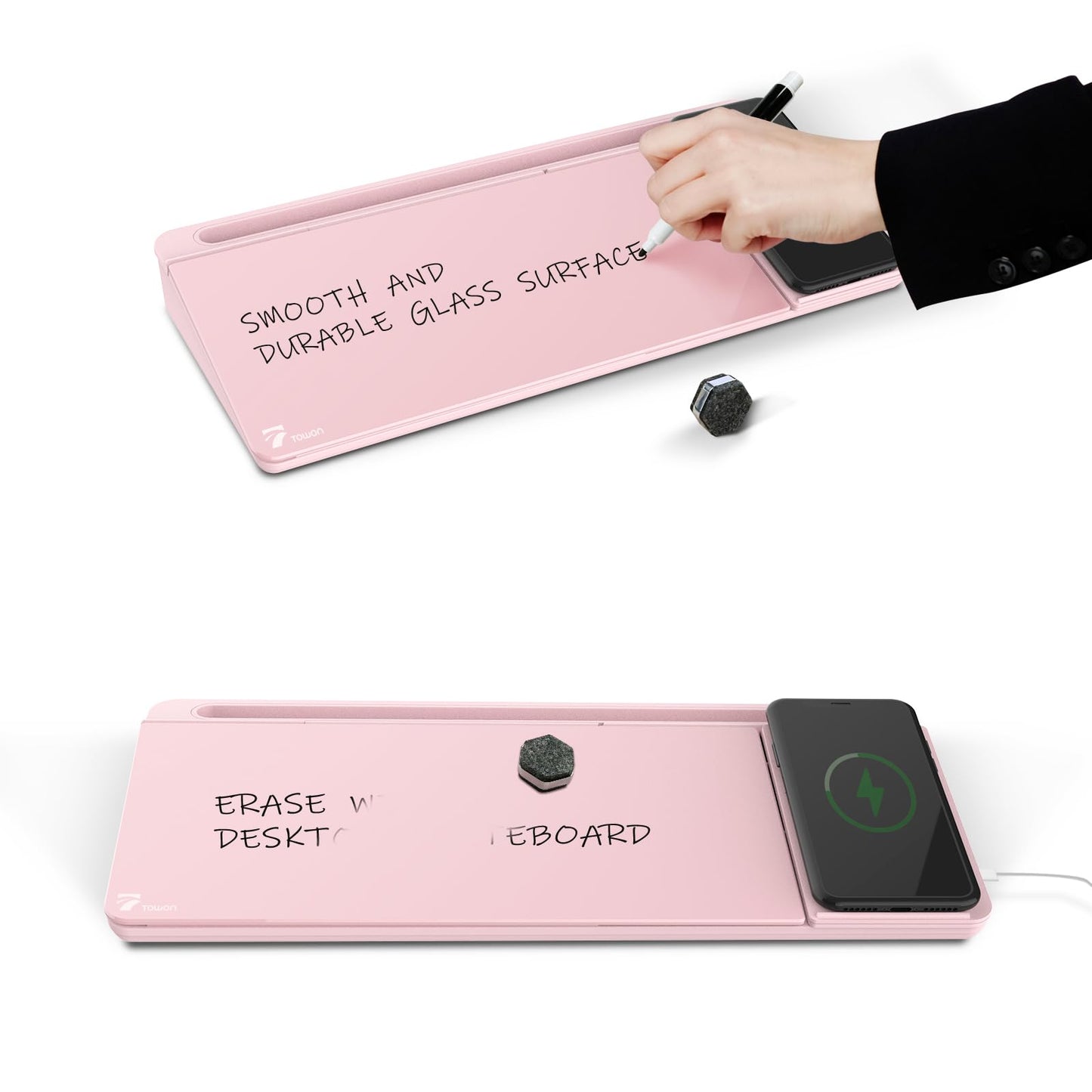 TOWON Desktop Glass Whiteboard with Charger Pad, Small Desk Whiteboard - Glass Dry Erase White Board- Desk Computer Buddy with Storage, Mirror and Charging Station, Pink, 17 x 6 in