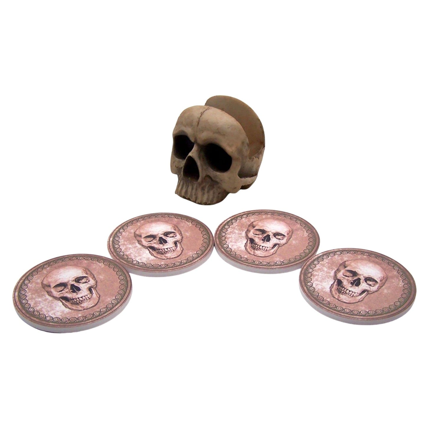 Wowser Gothic Kitchen & Bar Decor- Skull Engraved Coaster Set with Holder, 4.5 Inches, Set of 4