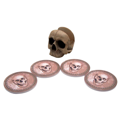 Wowser Gothic Kitchen & Bar Decor- Skull Engraved Coaster Set with Holder, 4.5 Inches, Set of 4