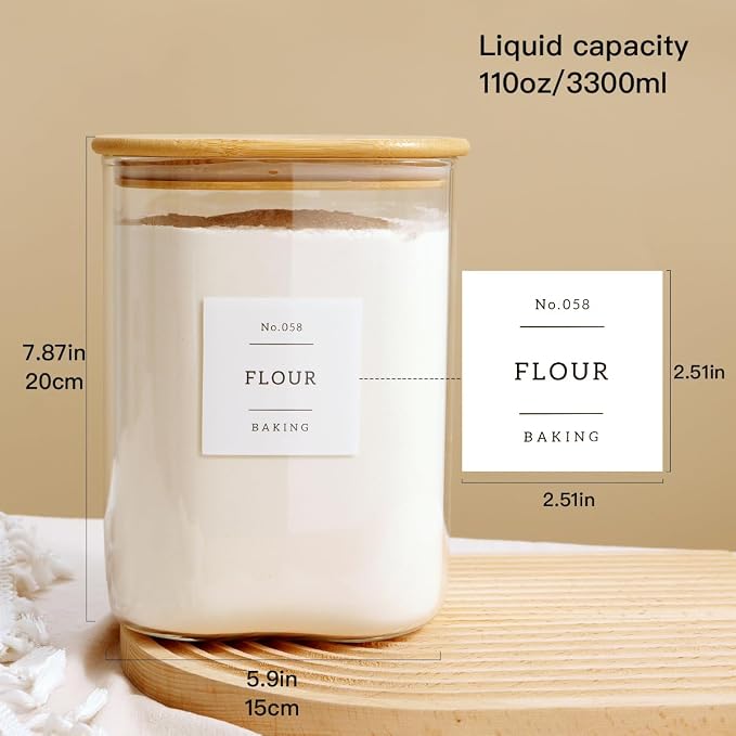 Large glass flour and sugar containers with 132 Kitchen Pantry Labels - 110 oz Glass Food Storage Containers with Airtight Lids - Square Glass Jars with Bamboo Lids for Rice, Pasta, Cookies, grain