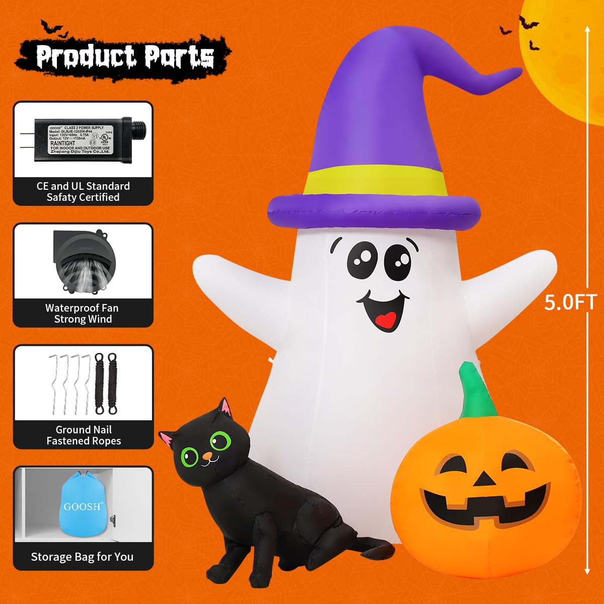 GOOSH 5 FT Halloween Inflatables Ghost Outdoor Decorations Blow Up Yard Cute Wizard Ghost with Black Cat Pumpkin with Built-in LEDs for Garden Lawn Indoor Party Decor