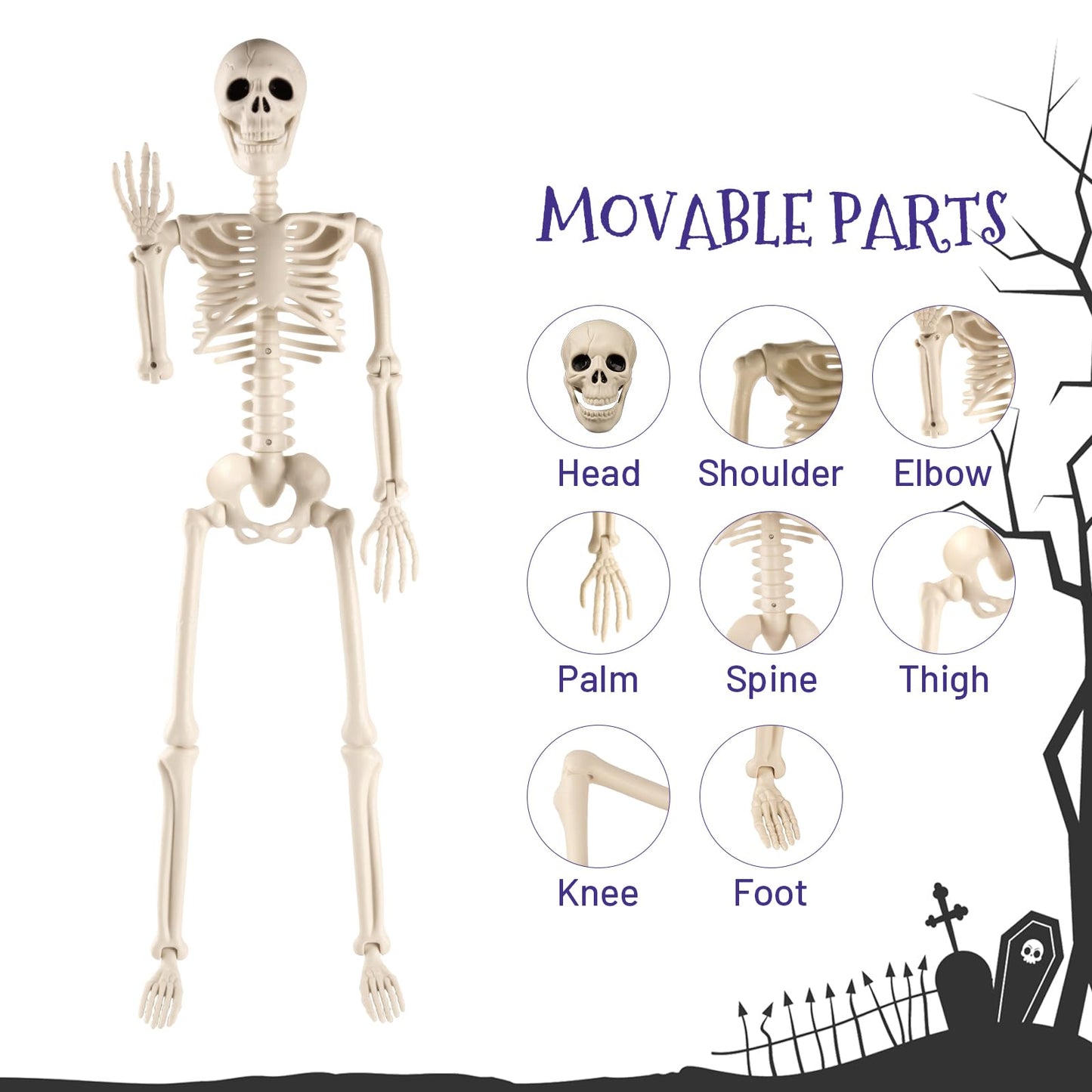 Toolterritary 36" Halloween Skeleton, 3 ft Human Skeleton Full Body Posable Joints Plastic Skeleton for Halloween Decoration, Yard Patio Lawn Garden Skeleton Spooky Party Decoration Indoor Outdoor