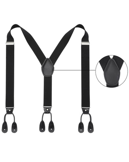 Kajeer Mens Adjustable Button End Suspenders - Y-Back Elastic Tuxedo Suspenders with Heavy Duty Leather Buttons End (Black)