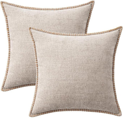 MIULEE Pack of 2 Couch Throw Pillow Covers 18x18 Inch Taupe Farmhouse Decorative Pillow Covers with Stitched Edge Tan Soft Chenille Solid Dyed Pillow Covers for Sofa Bed Living Room