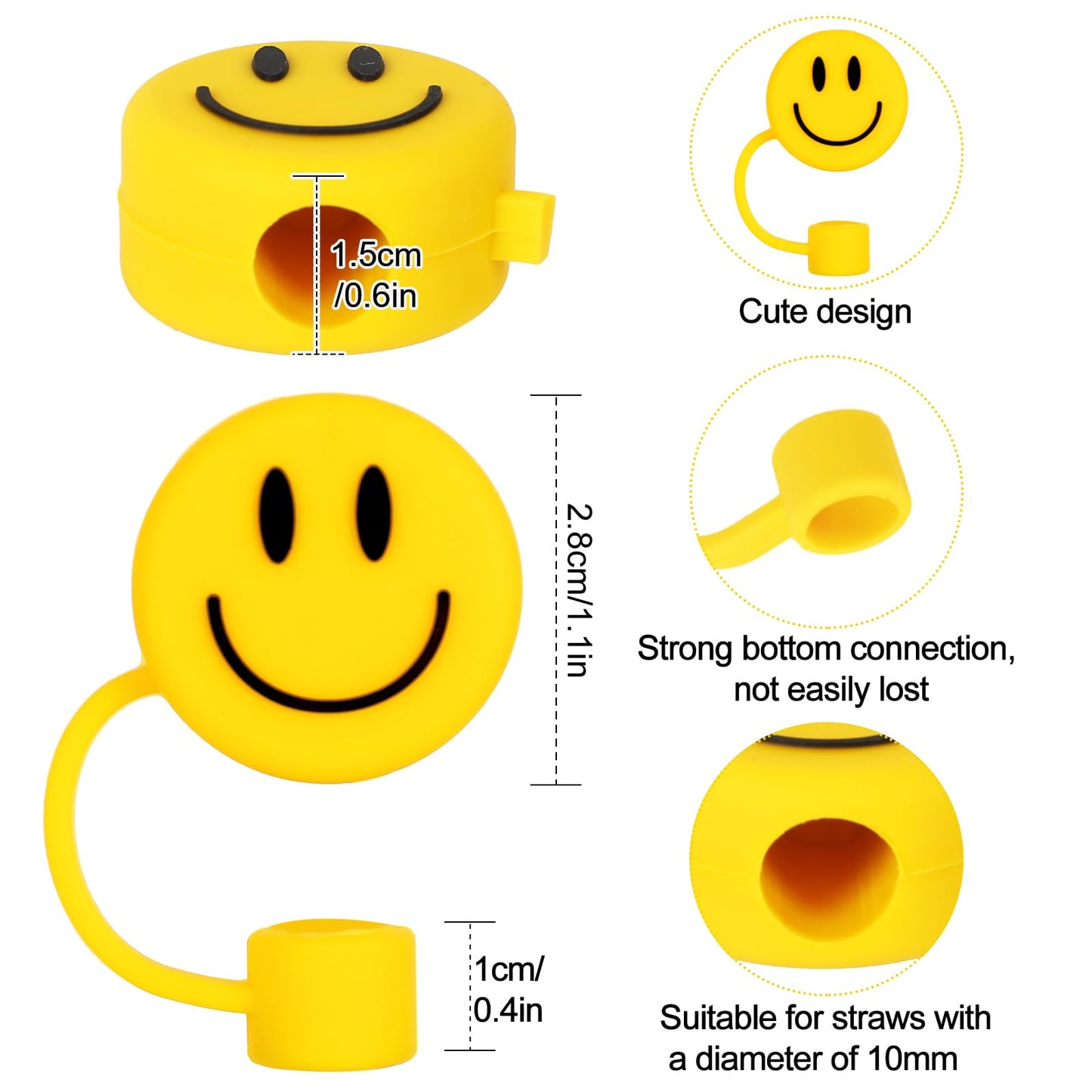 Whaline 6 Pcs Groovy Smile Face Straw Covers 0.4 Inch Silicone Reusable Round Straw Topper Double Sided Pattern Straws Tip Covers for 30 & 40 Oz Tumbler with Handle
