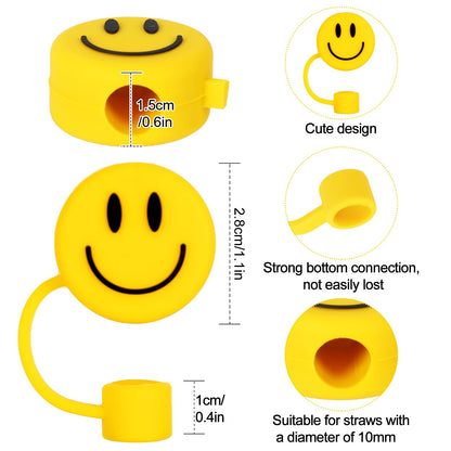 Whaline 6 Pcs Groovy Smile Face Straw Covers 0.4 Inch Silicone Reusable Round Straw Topper Double Sided Pattern Straws Tip Covers for 30 & 40 Oz Tumbler with Handle