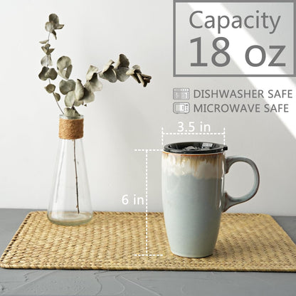 Bosmarlin Ceramic Travel Coffeel Mug with Handle and Lid, 18 oz, Portable Coffee Cup for Car Cup Holder, Microwave and Dishwasher Safe, Reactive Glaze (Light Grey Blue)