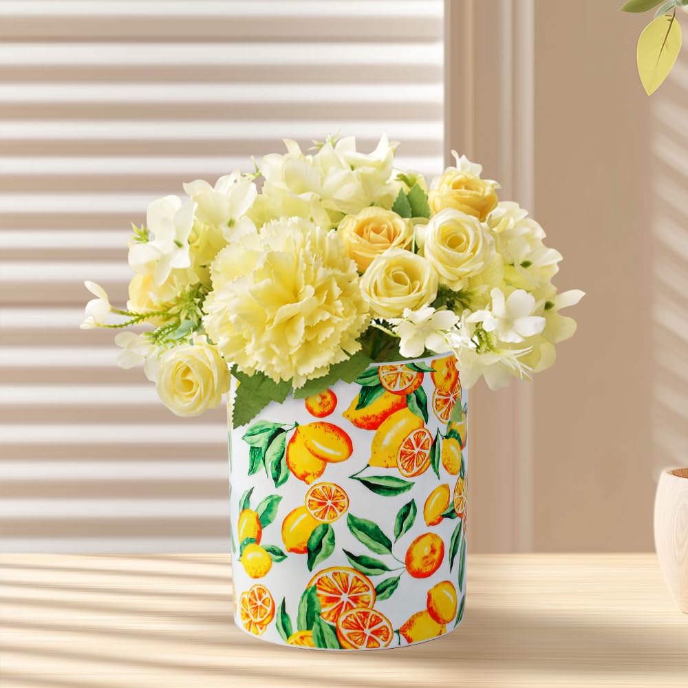 Kitchen Utensil Holder, 6.3" Ceramic Cooking Utensil Holder for Countertop, Large Utensil Crocks for Kitchen Counter Decor, Modren Utensil Organizer Decorative Fruit patterns (Yellow Lemon, 6.3 Inch)