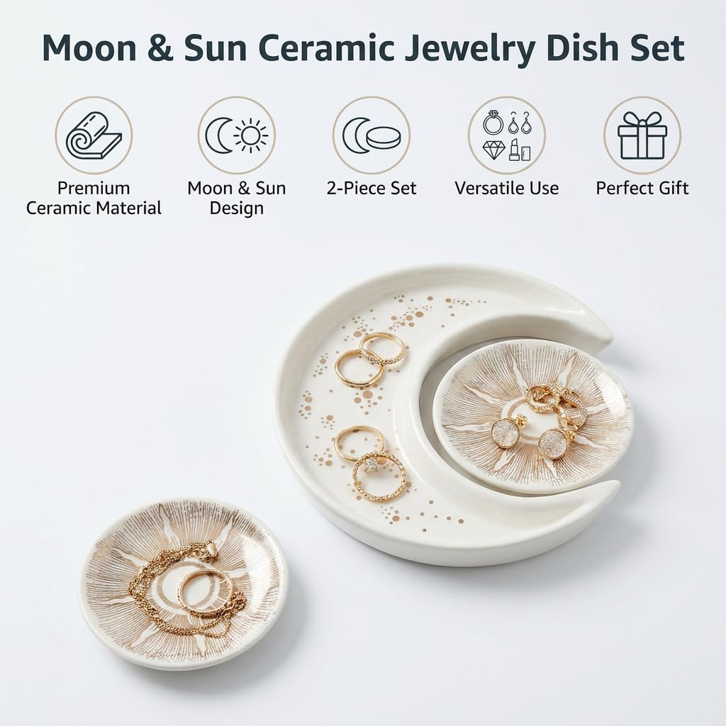 Ceramic Jewelry Dish Tray 2-Pack, Sun and Moon Ring Holder for Earrings, Key bowl, Unique Vanity Decor for Bedroom, Small Trinket Plate for Women Mom Daughter Bride Gifts,Engagement Birthday Gift