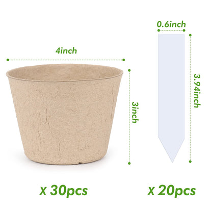 homenote Peat Pots, 4 Inch Seed Starting Pots with Drainage Holes Round(30 Pcs) with 4 Inch Plastic Plant Labels Waterproof Plant Tags(200 Pcs)