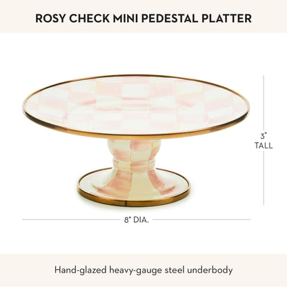 MACKENZIE-CHILDS Enamel Pedestal Platter, Round Cake Stand, Mini, Pink-and-White Rosy Check