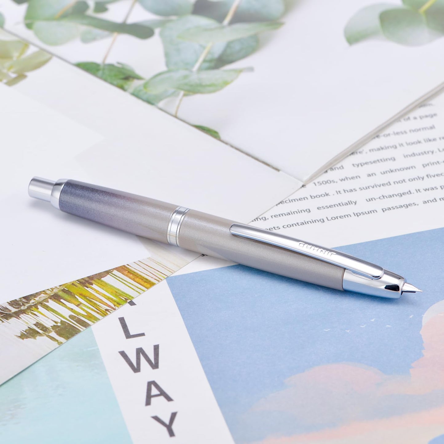 Jinhao 10 Press Fountain Pen with Box, Gradient Gray Retractable Extra Fine Nib with Ink Converter Set (Silver Clip)