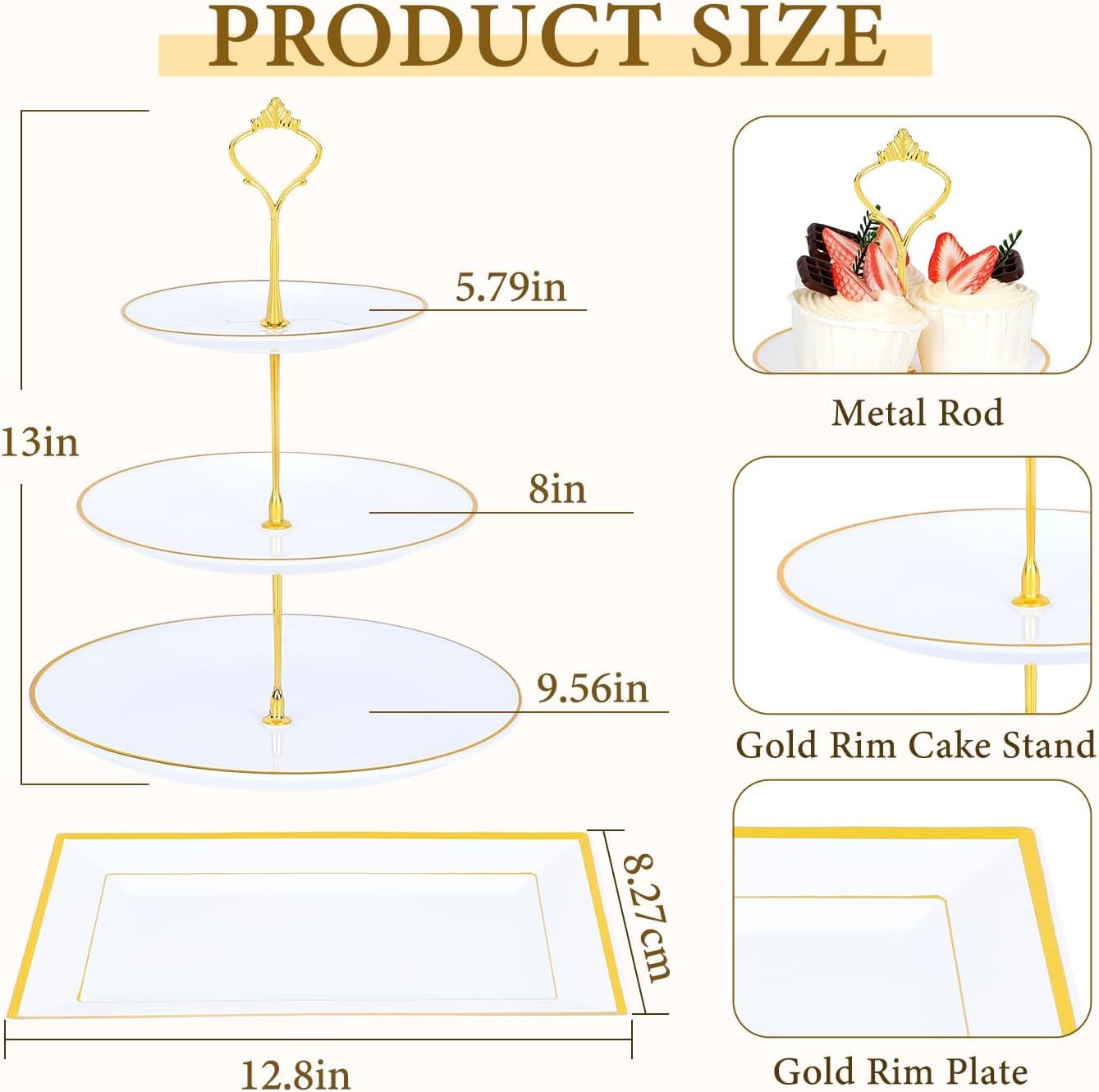 DI QIU REN 8PCS Cake Stand Set, Plastic Cupcake Stands with Gold Rim, Dessert Display Stands Set for Wedding Birthday Party Tea Party