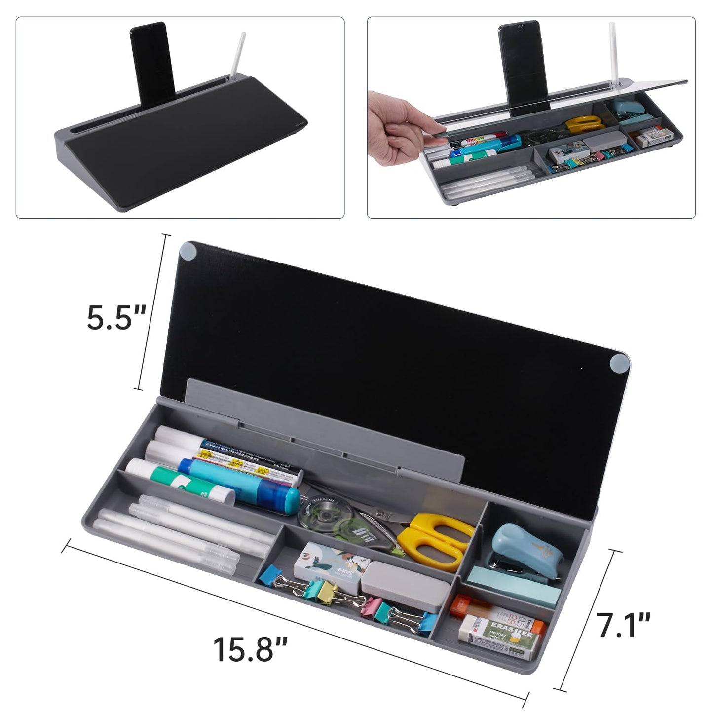 TSJ OFFICE Desktop Whiteboard Dry-Erase-Board - Computer Keyboard Stand White Board Surface Pad with Drawer, Desk Organizers with Accessories for Office, Home, School Supplies - Black＆Grey