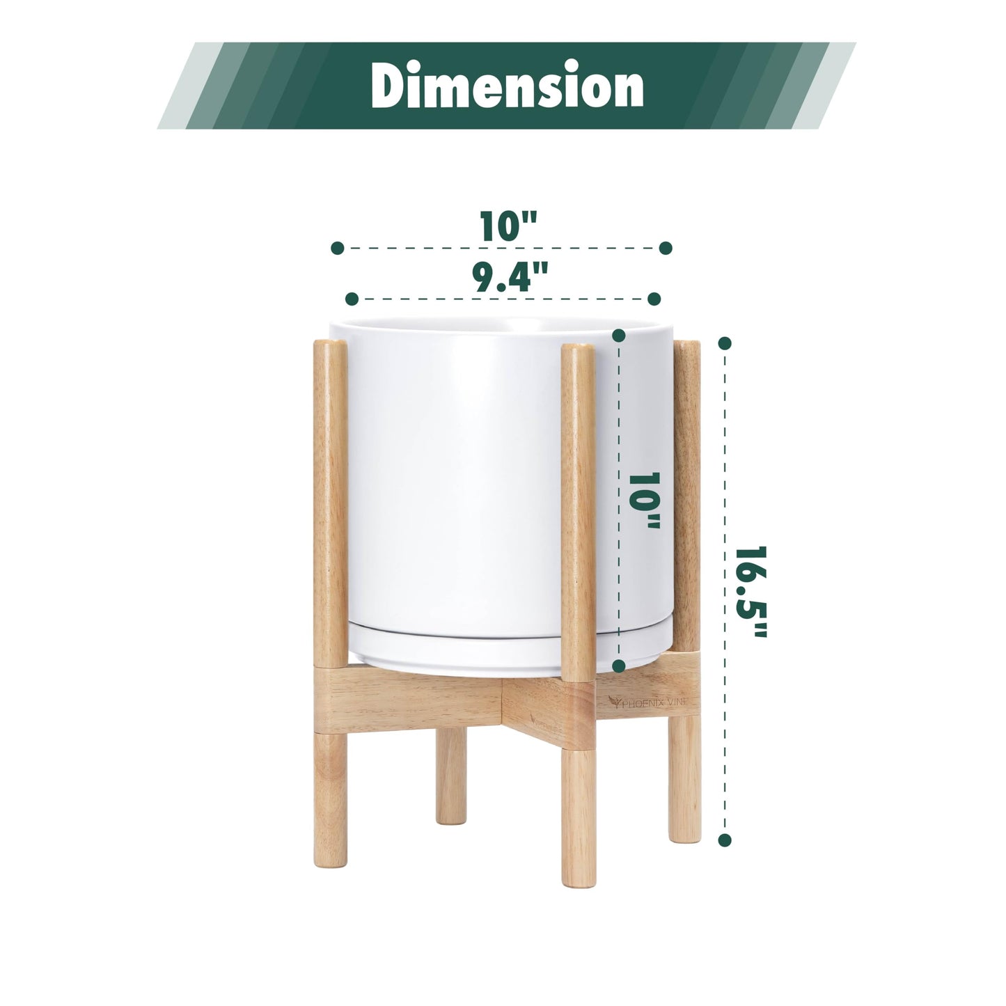D'vine Dev Ceramic Planter with Natural Stand - 10 Inch Modern Round Flower Pot with Wood Planter Holder, White, 55-B-K-1