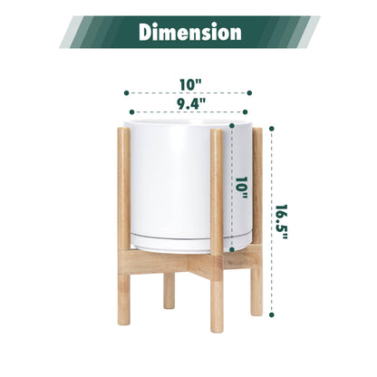 D'vine Dev Ceramic Planter with Natural Stand - 10 Inch Modern Round Flower Pot with Wood Planter Holder, White, 55-B-K-1