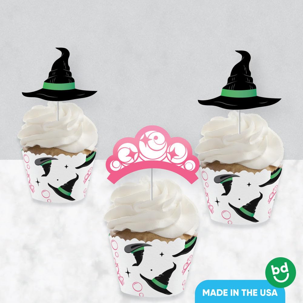 Big Dot of Happiness Witch Cupcake Decoration Kit, Good Pink and Green Birthday or Witch Halloween Party Cupcake Wrappers and Treat Picks - Set of 24