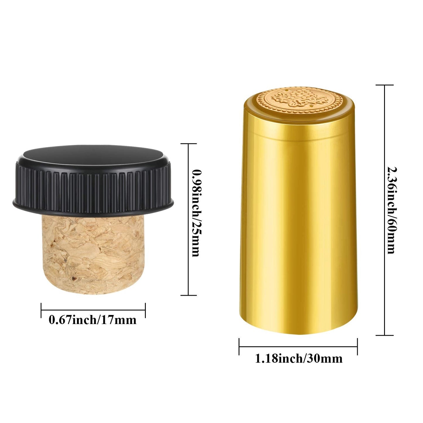 Blulu 100 Pack Wine Sealer for Wine Bottles, 50 Pcs Cork Stoppers and 50 Pcs PVC Heat Shrink Capsules Bottle Resealer Kit for Cruise Home Cellars Wedding Christmas Party(Gold, Black)