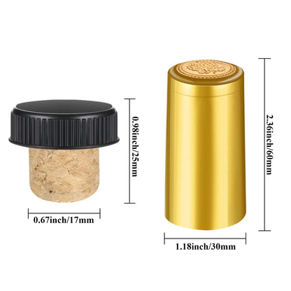 Blulu 100 Pack Wine Sealer for Wine Bottles, 50 Pcs Cork Stoppers and 50 Pcs PVC Heat Shrink Capsules Bottle Resealer Kit for Cruise Home Cellars Wedding Christmas Party(Gold, Black)