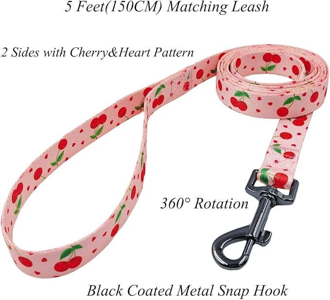 Dog Collar Leash Set, Fruit Pattern, Polyester Material, Adjustable Collar and 5ft Matching Leash, for Medium Dogs.(M, Pink Cherry)
