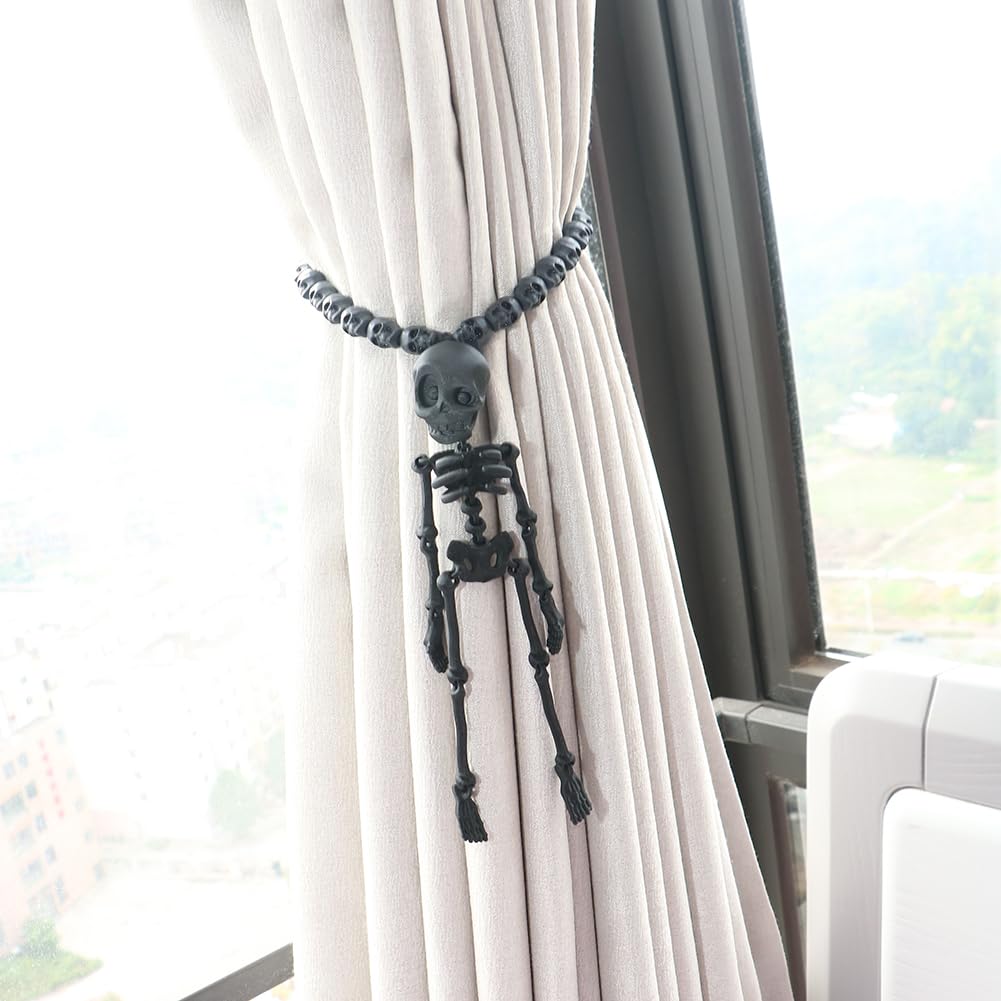 2Pcs Black Skeleton Magnetic Curtain Tieback Halloween Curtain Holdbacks Wall Curtain Ties for Halloween Decor