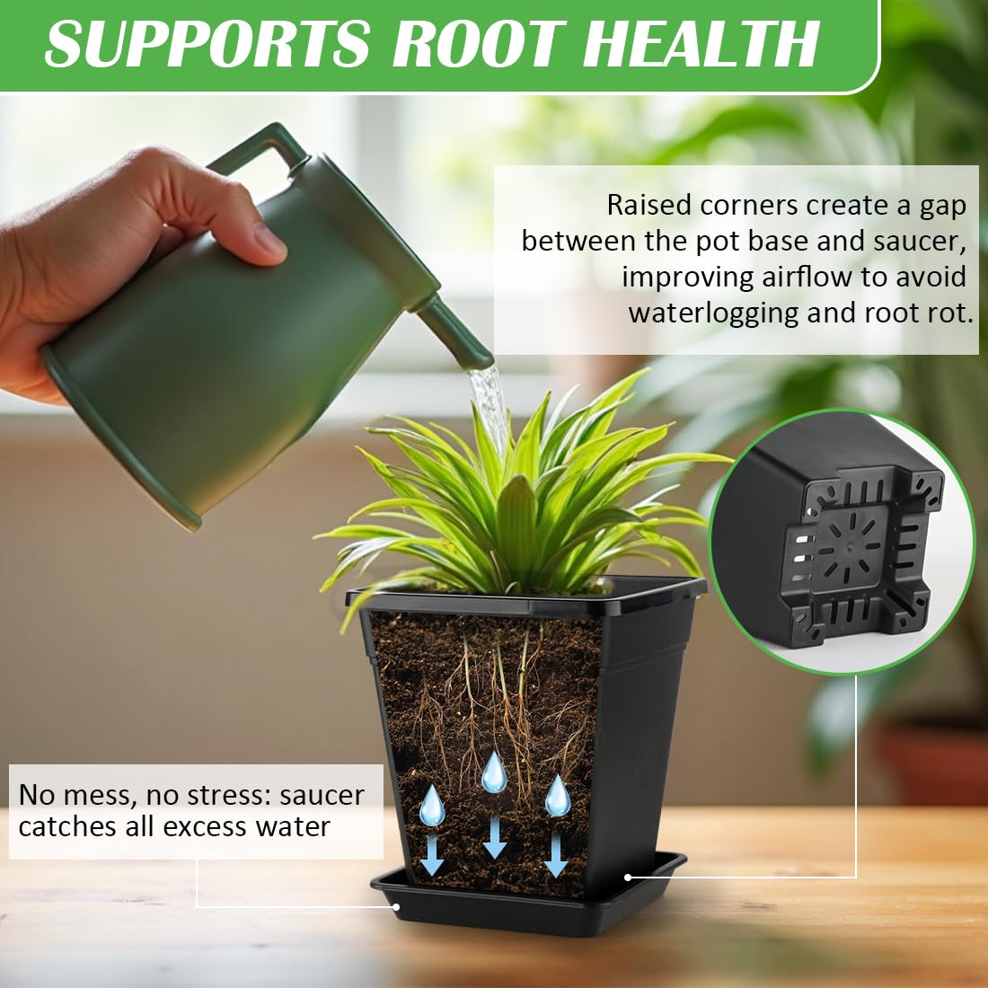 BTPLASTIK 9 Inch Square Planters for Indoor Plants, 8 Pack Large Plastic Plant Pot with Drainage & Saucer, 3 Gallon Modern Decorative Thick Outdoor Garden Container for Potted Plants