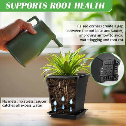 BTPLASTIK 9 Inch Square Planters for Indoor Plants, 8 Pack Large Plastic Plant Pot with Drainage & Saucer, 3 Gallon Modern Decorative Thick Outdoor Garden Container for Potted Plants
