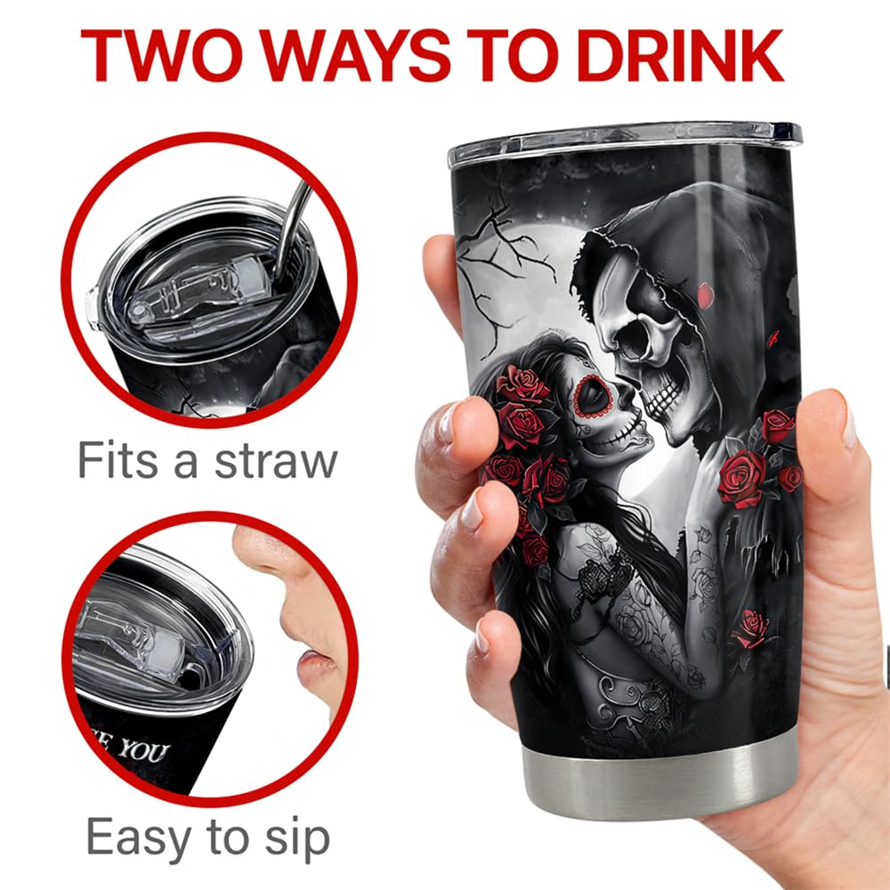 SANDJEST Skull Couple Tumbler 20oz Stainless Steel Insulated Coffee Travel Cup Tumblers Gifts for Wife Husband Boyfriend Girlfriend on Birthday Christmas Valentines Anniversary