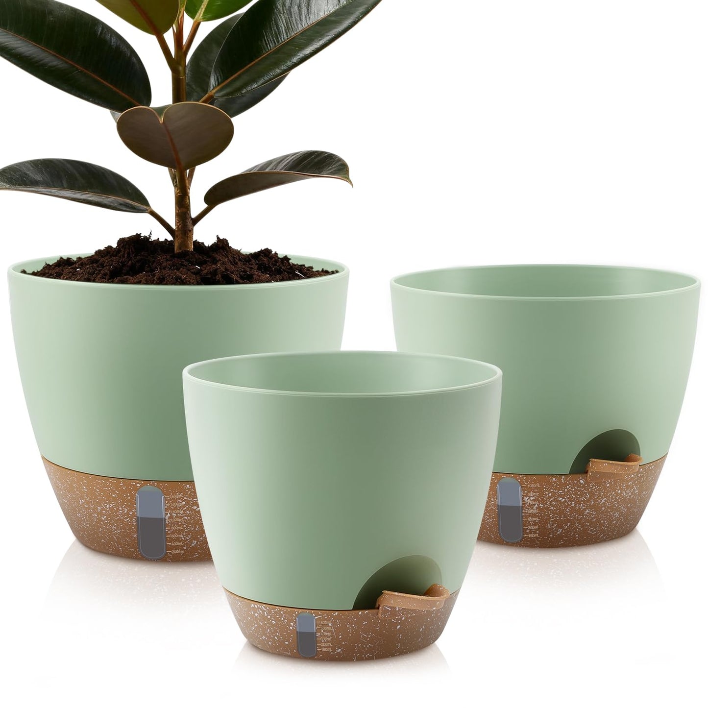 QRRICA 12/10/9 Inch Self-Watering Plant Pots with Water Level Indicator, Drainage Holes & Saucers – Large Plastic Planter Set for Indoor & Outdoor Plants (Green)