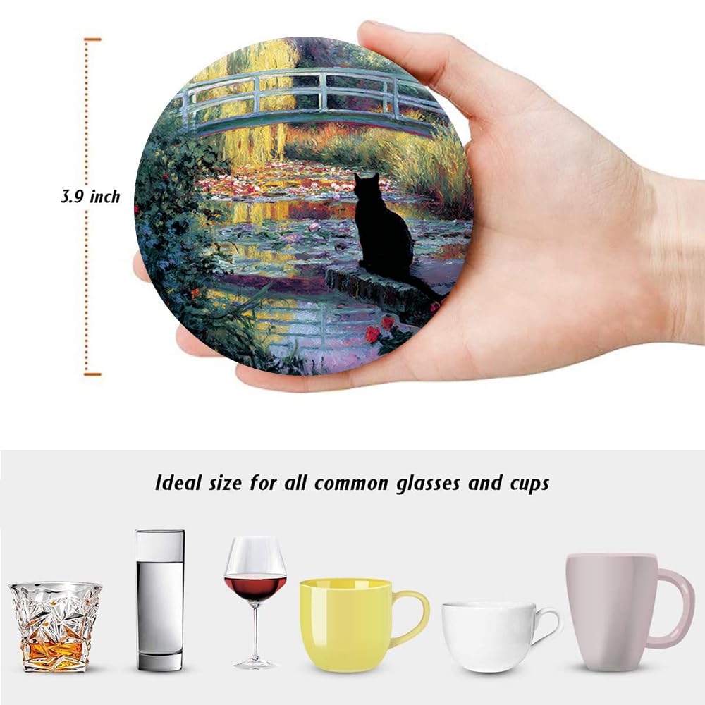 Drink Coasters for Drinks Set of 6, Water Lilies Art and Black Cat Absorbent Round Ceramic Stone Mat Coaster, with Cork Base and Metal Holder, Home Bar Decor House Warming Gift