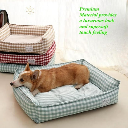 Orthopedic Rectangle Dog Bed for Medium Small Dogs, Plaid Plush Modern Puppy Sofa Bed with Anti-Slip Bottom, Cute Calming Pet Bed(Red,Medium)