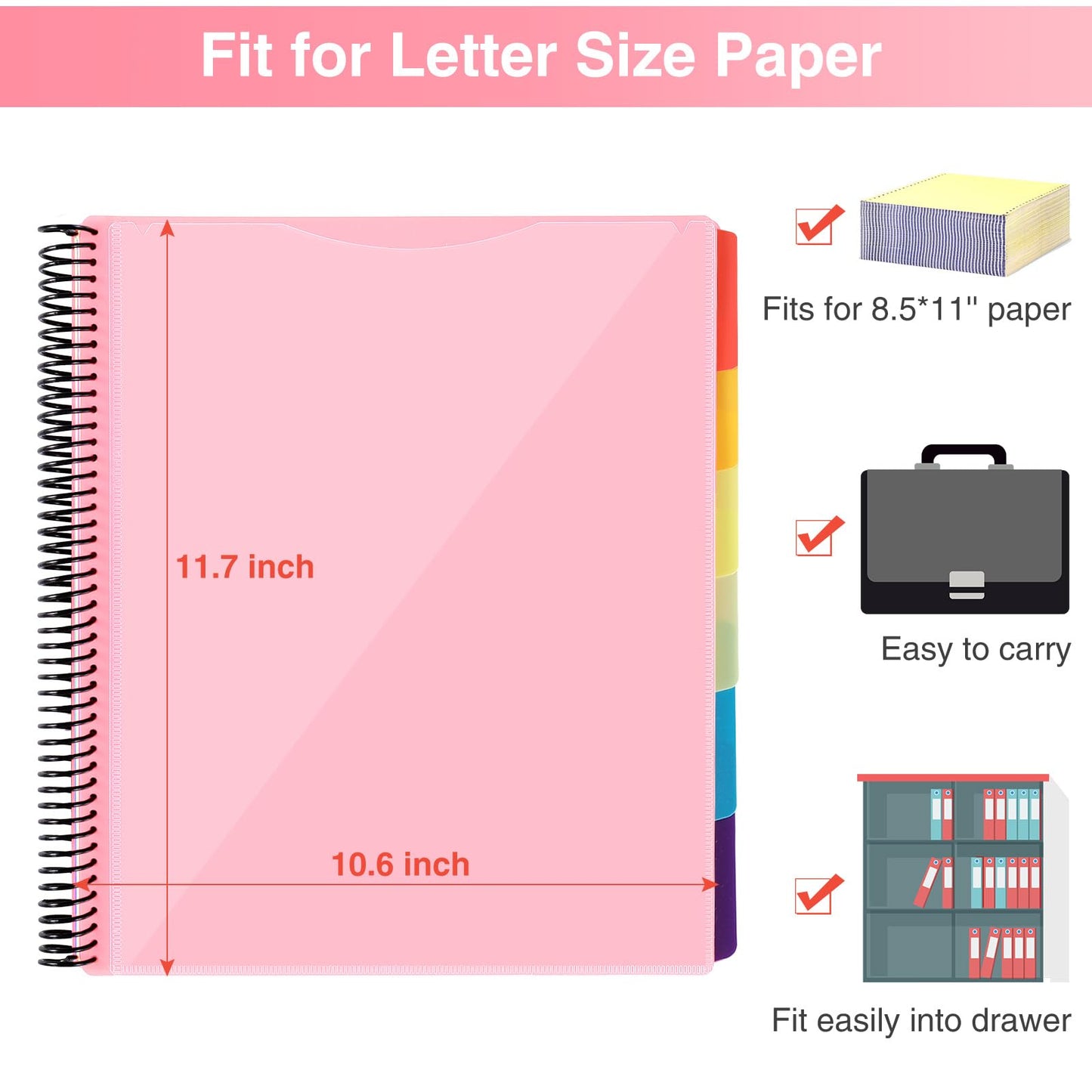 Forvencer 24 Pocket Project Organizer, 1/3-cut Tab Binder Organizer with Sticky Labels, Multi Pocket Folder with Zipper Pouch, Folder Binder Spiral Pocket Notebook, Office Supplies