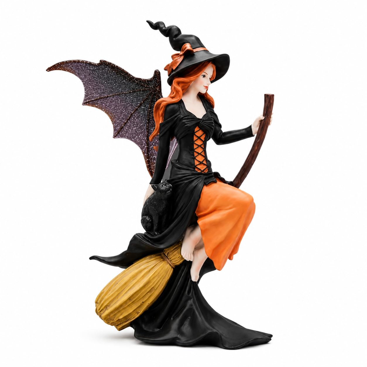 Comfy Hour 8" Gothic Fairy Witch Figurine on Broom, Fantasy Sorceress Statue with Mystical Wings, Spooky Halloween Indoor Decor Accent, Polyresin Artisan Crafted Sculpture, 1 Unit