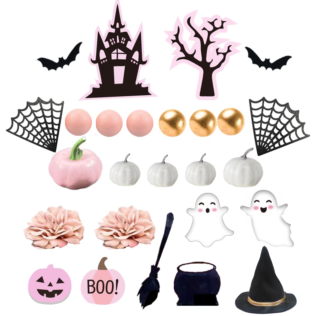 Pink Pumpkin Cake Topper - Boo Spooky Witch Ghost Flower Toppers for Halloween Birthday Baby Shower Party Supplies