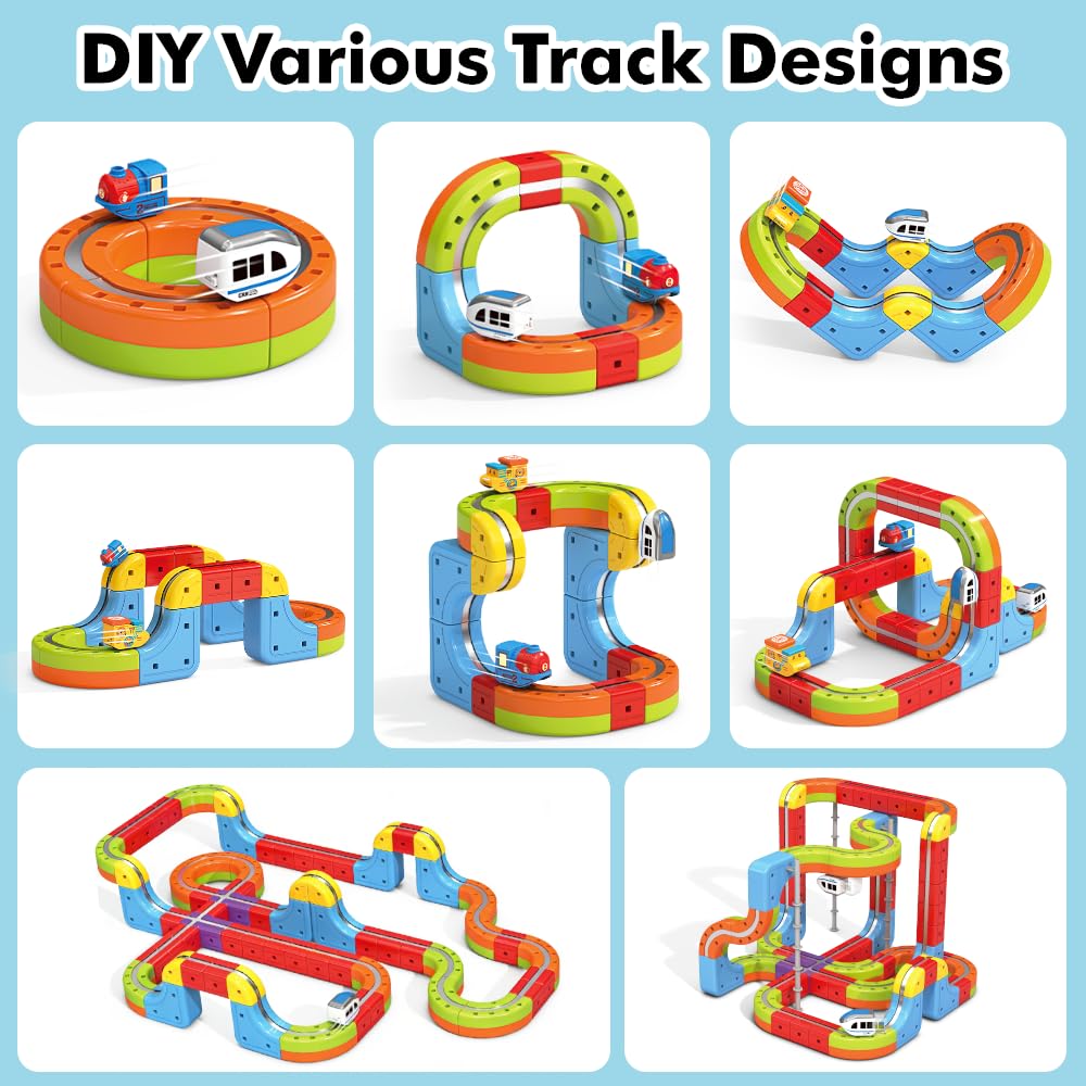 Electric Train Set with 2 Trains, 3D Infinity Train Tracks, DIY Toy Car Track, Modular Building Blocks Freely Assembled, STEM Learning Toy for Kids Toddlers Boys & Girls (Blue & White Trains)