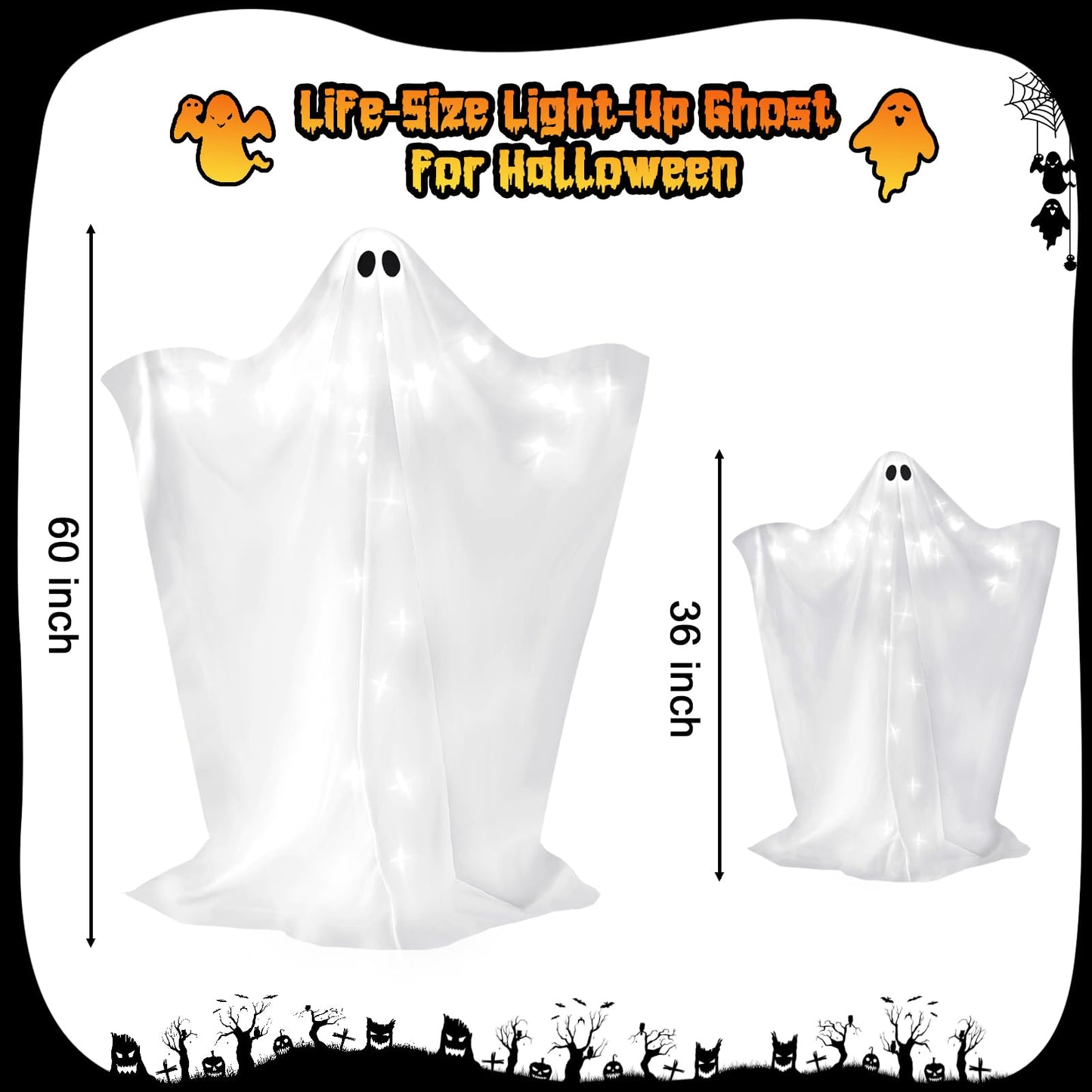 2 Pack Halloween Ghosts Outdoor Large 60'' & 36'' White Outdoor Ghost Decorations with String Lights Scary Ghosts Halloween Decorations Light Up Ghost Kit for Garden Porch Yard Party (White)